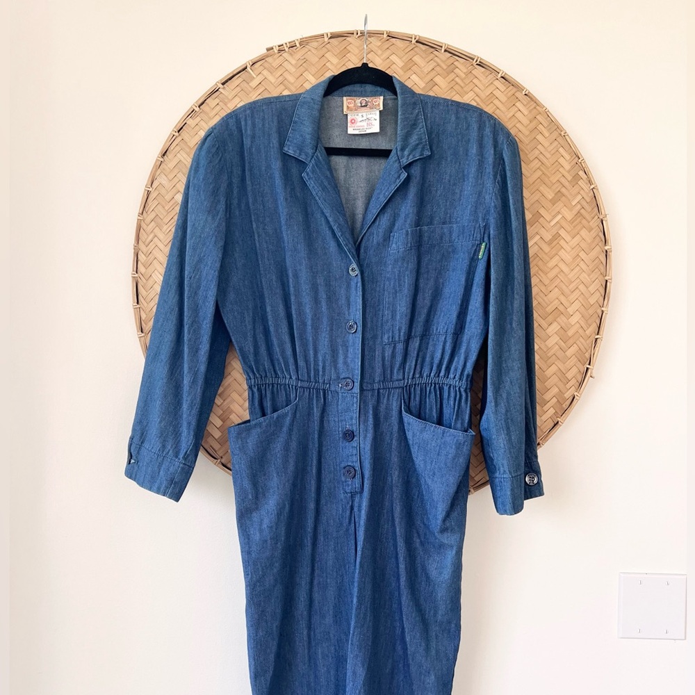 VINTAGE 80’S GENE EWING BIS BIS WRINKLED RICH DENIM DRESS W/ SHOULDER PADS - Picture 6 of 16